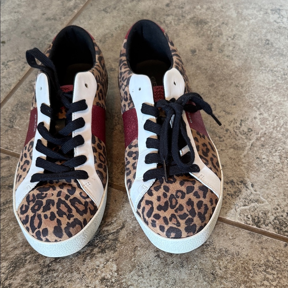 Geox Leopard Print Sneakers with Burgundy Stripes